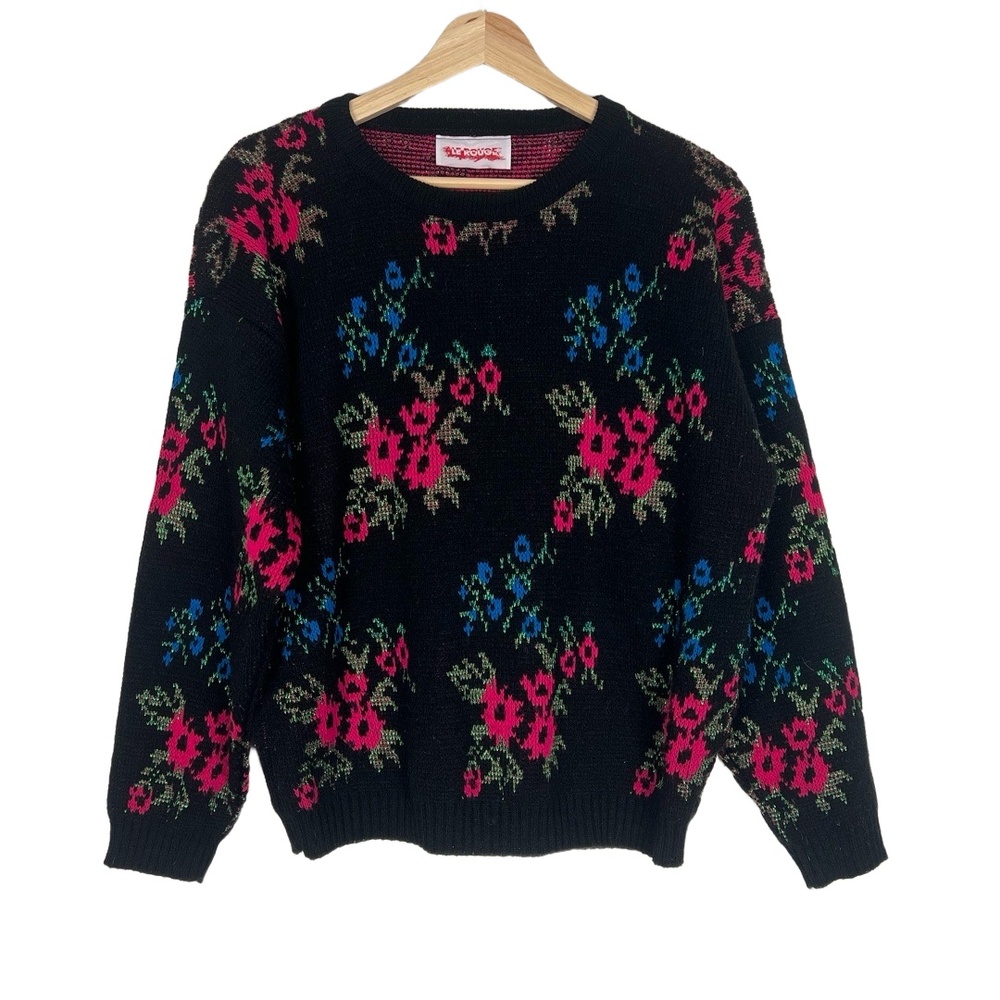 Vintage‎ Le Rouge Womens Sweater Medium Black Floral Knit Metallic Y2K Trendy